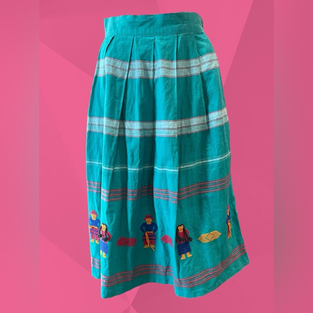 Turquoise Embroidered Cotton Midi Skirt